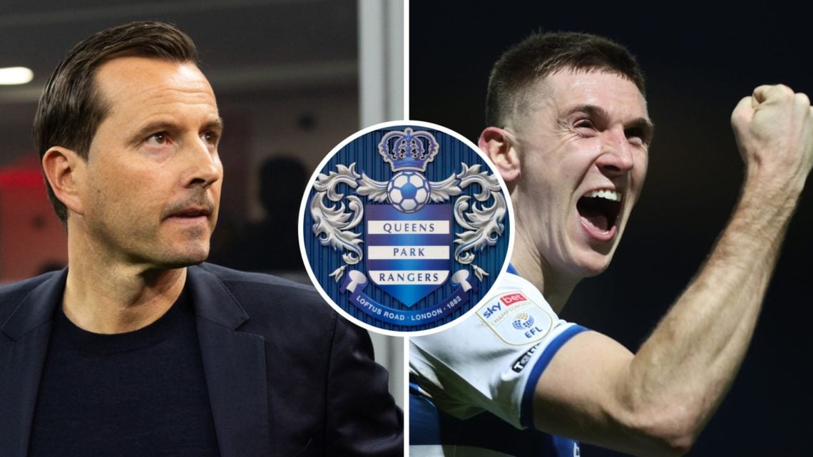 Julien Stephan, Jimmy Dunne reacts after scoring for Queens Park Rangers in the Championship. Inset, the Queens Park Rangers badge
