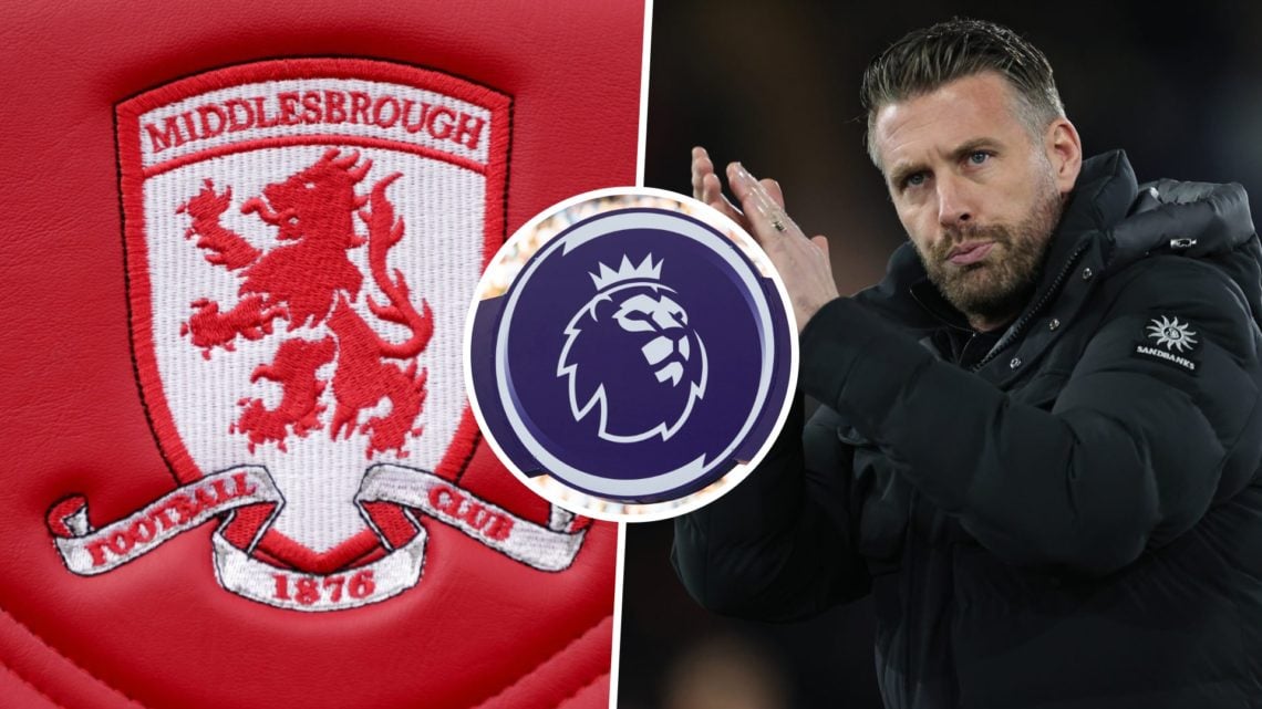 Rob Edwards applauds Luton Town FC fans, and the Middlesbrough FC badge. Inset, the Premier League logo