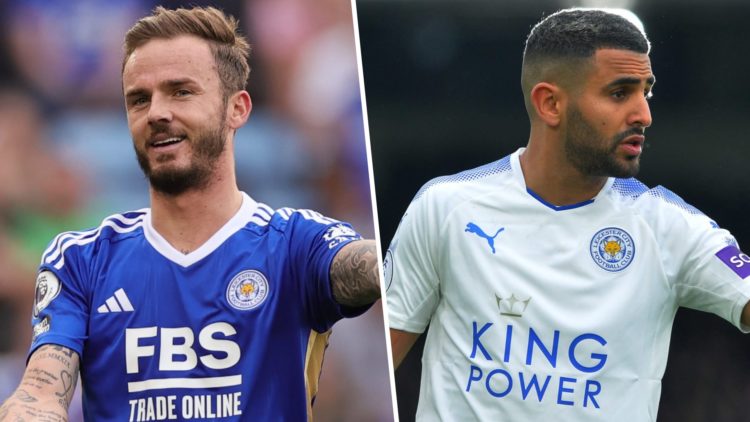 James Maddison of Leicester City gestures during the Premier League match between Leicester City and West Ham United. Riyad Mahrez of Leicester Cit...