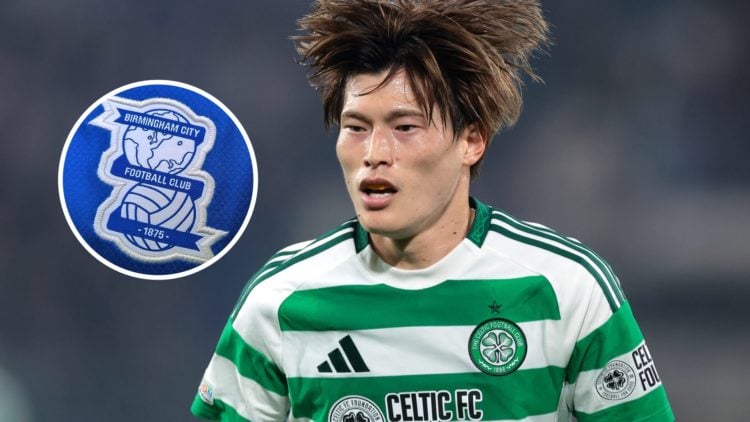 An image of Kyogo Furuhashi with an inset of the Birmingham City badge