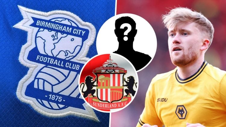 Birmingham City FC badge and Wolverhampton Wanderers midfielder Tommy Doyle in Premier League action. Overlaid, the Sunderland AFC badge and a myst...