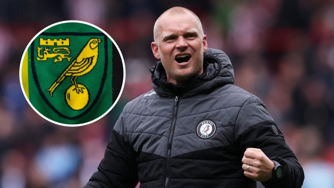 Former Bristol City manage Liam Manning reacts after a Championship game. Overlaid, the Norwich City FC badge