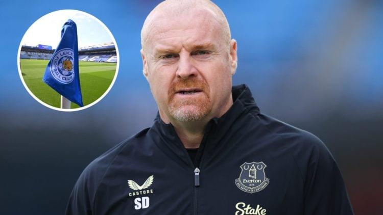 Sean Dyche watches his Everton side in a Premier League game against Manchester City, a detailed view of the Leicester City badge on a corner flag
