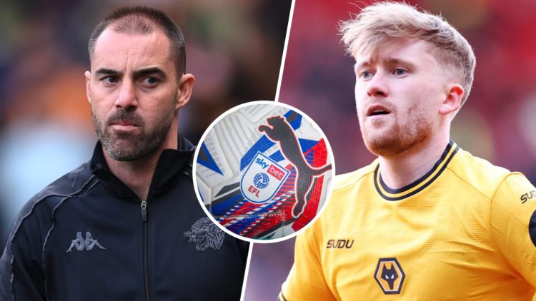 Split image of Ruben Selles (L) and Wolves midfielder Tommy Doyle (R) with EFL football inset.