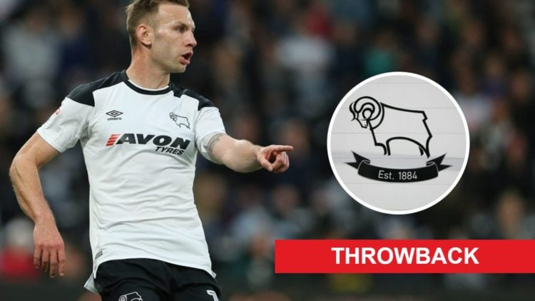Andreas Weimann of Derby County during the Sky Bet Championship Play Off Semi Final:First Leg match between Derby County and Fulham. Inset, Derby C...