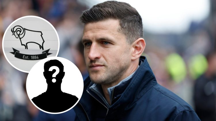 John Mousinho prior to a game between Portsmouth v Shrewsbury Town - Sky Bet League One. Inset, Derby County badge. Inset, Mystery Player