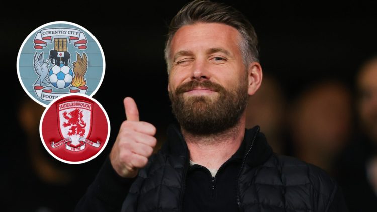 New Middlesbrough manager Rob Edwards. Inset Coventry City and Middlesbrough badges.