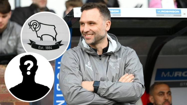 John Eustace manages Derby County during the Sky Bet Championship match between Derby County and Millwall. Inset, Derby County badge. Inset, Myster...
