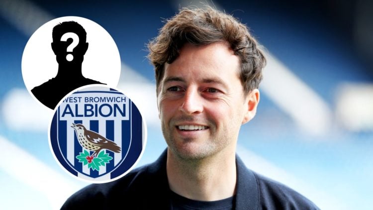 Ryan Mason unveiled as new West Bromwich Albion manager. Overlaid, the West Bromwich Albion badge and a mystery player.