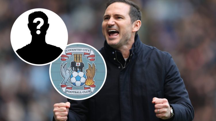 Coventry City Frank Lampard celebrates after his side scored against Sunderland in a Championship game. Overlaid, the Coventry City FC badge and a ...