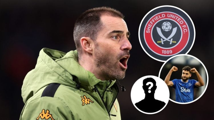 New Sheffield United manager Ruben Selles. Inset, Sheffield United badge, Dominic Calvert-Lewin, and mystery player graphic.