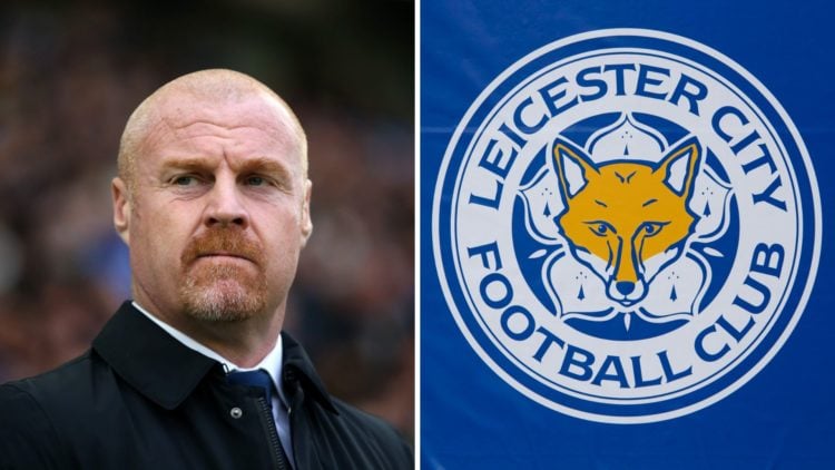 Sean Dyche watches on during Everton's Premier League game against Brighton, a detailed view of the Leicester City badge on a flag
