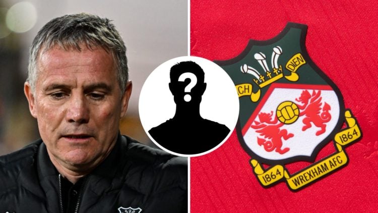 Wrexham FC manager Phil Parkinson during 2024/25 League One and the Wrexham FC crest. Inset, a mystery player