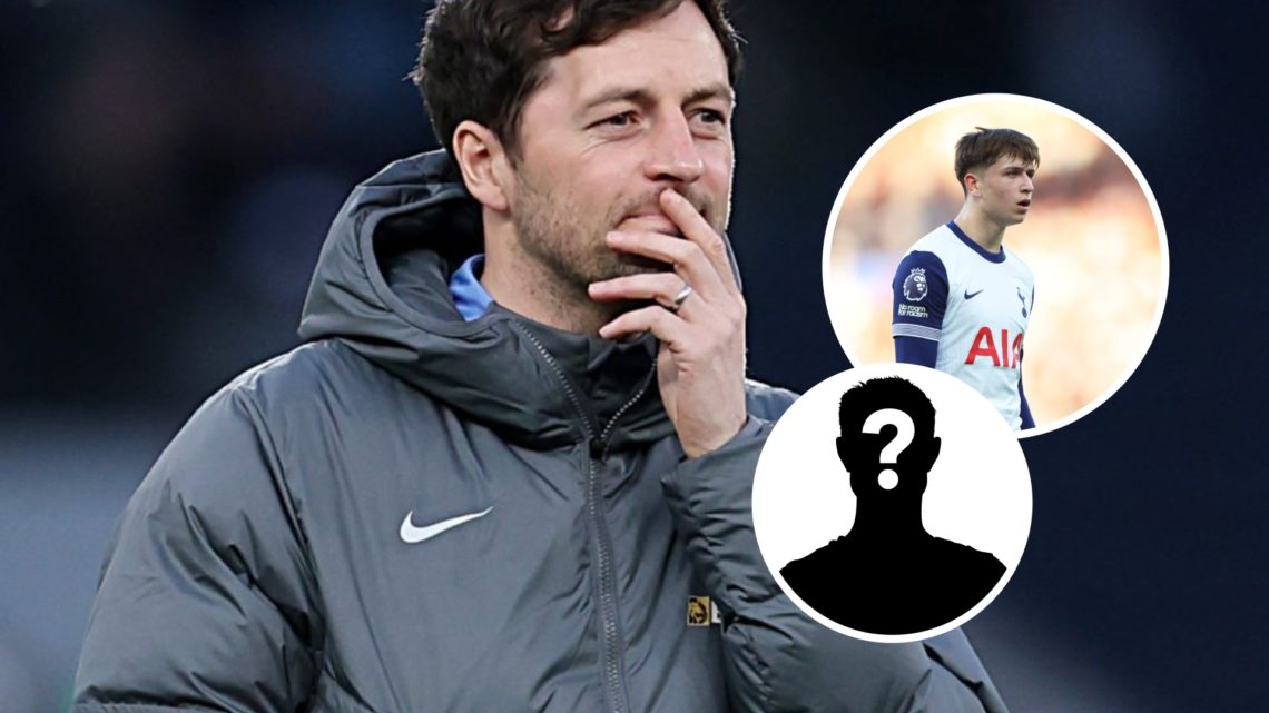 New West Brom manager Ryan Mason. Inset, Mikey Moore of Tottenham Hotspur and a mystery player graphic.
