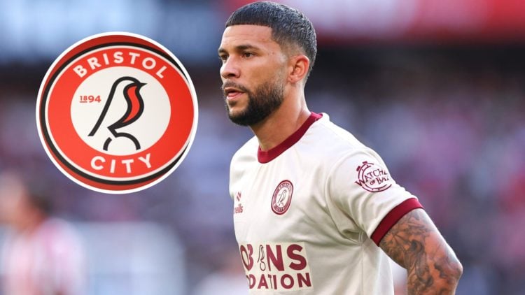 Bristol City forward Nahki Wells during a Championship match. Inset, the Bristol City FC crest
