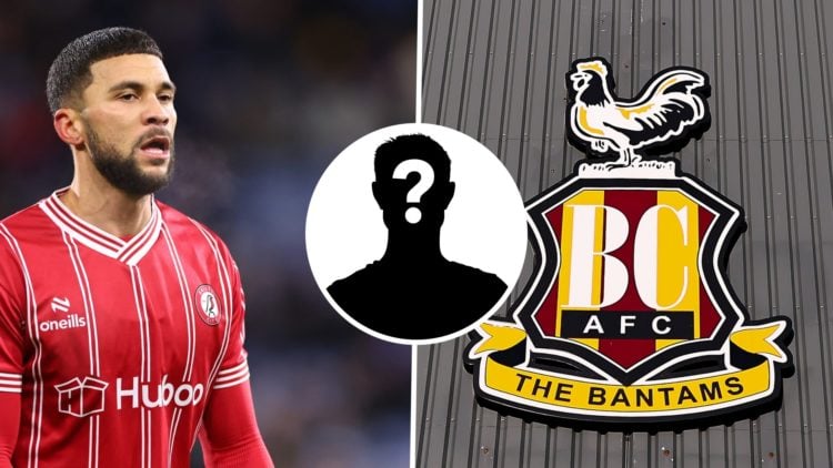Nahki Wells in action for Bristol City vs Huddersfield Town in League One, an inset of a mystery man, a detailed view of the Bradford City badge