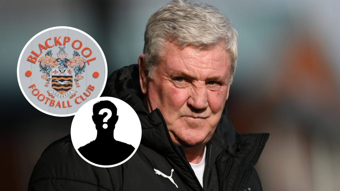 Blackpool manager Steve Bruce. Inset, Blackpool badge and mystery player graphic.