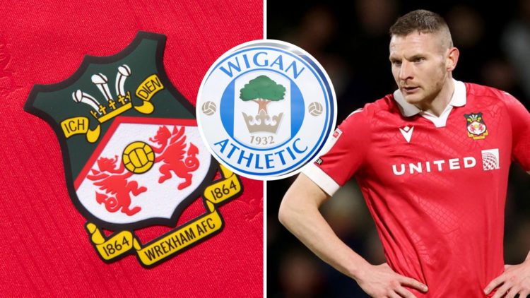 Wrexham FC crest and Wrexham forward Paul Mullin in League One action. Overlaid, the Wigan Athletic FC badge