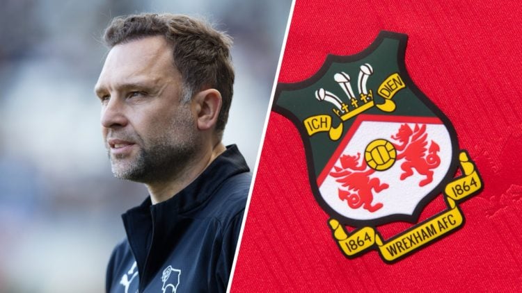 A split image of John Eustace and the Wrexham badge