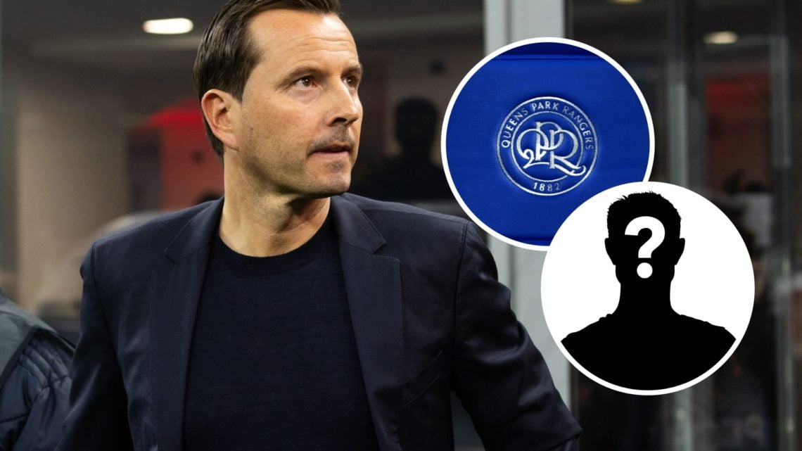 Julien Stephan is action during the UEFA Europa League between Ac Milan and Rennes. Inset, QPR badge. Inset, Mystery Player