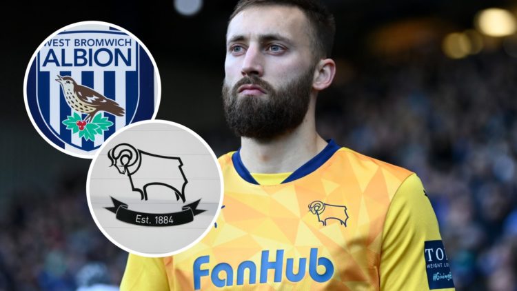 Nat Phillips during loan at Derby County in 2024/25 Championship. Overlaid, the West Bromwich Albion FC badge and the Derby County FC crest.