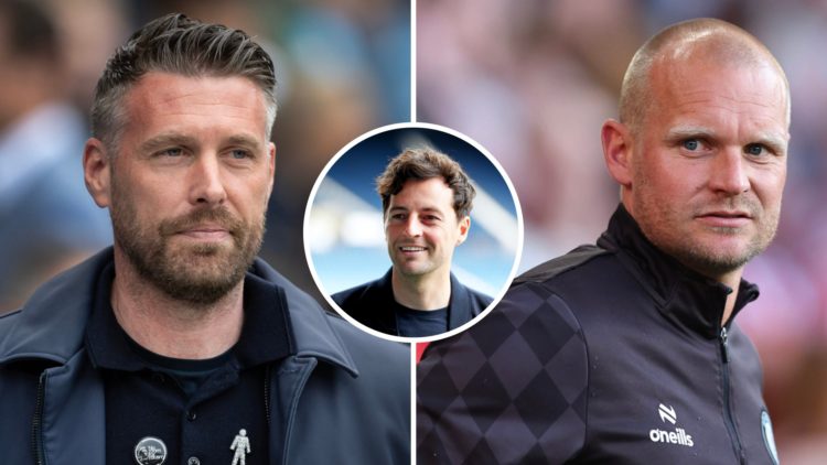 Rob Edwards during time as Luton Town manager, Liam Manning at Bristol City and inset, Ryan Mason unveiled as new West Bromwich Albion manager