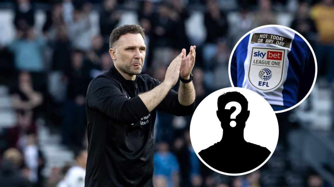 John Eustace applauds after Derby County FC v Blackburn Rovers FC - Sky Bet Championship. Inset, League One logo. Inset, Mystery Player