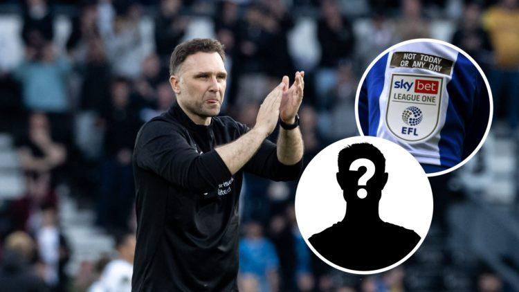 John Eustace applauds after Derby County FC v Blackburn Rovers FC - Sky Bet Championship. Inset, League One logo. Inset, Mystery Player