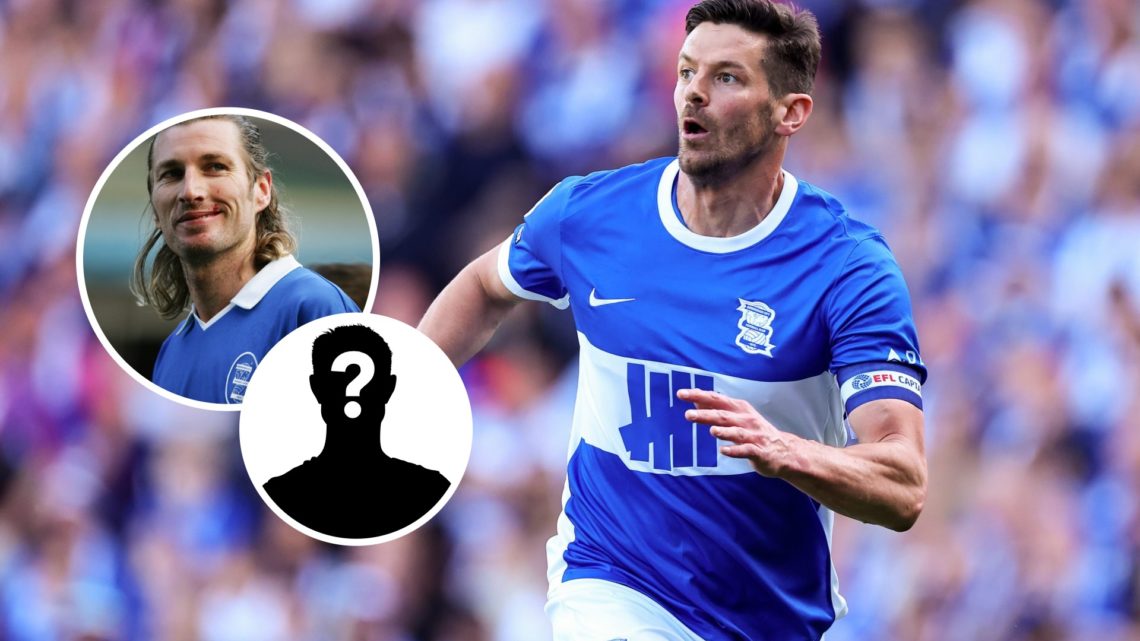 Birmingham City striker Lukas Jutkiewicz. Inset, Robbie Savage playing for Birmingham and a mystery player graphic.