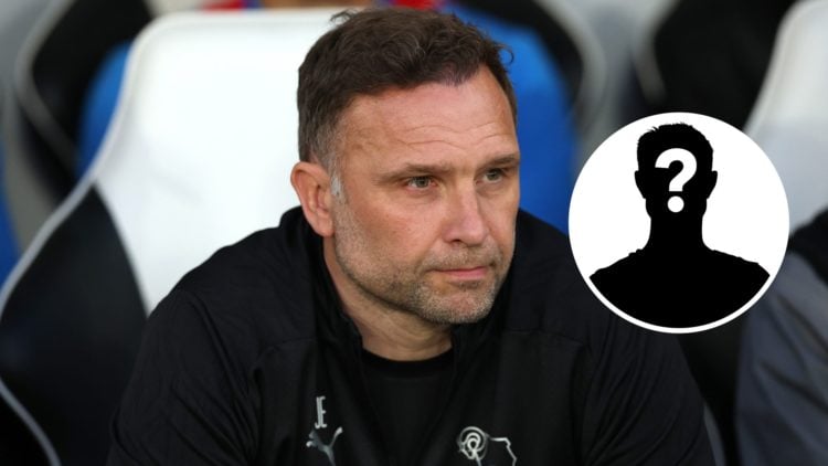 John Eustace, the Derby County head coach, looks on during the Sky Bet Championship match between Derby County FC and Preston North End FC. Inset, ...