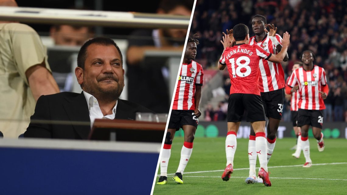 A split image of Ertrugul Dogan and Southampton players celebrating