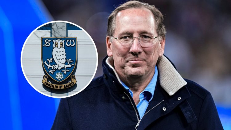 Lyon owner John Textor watches a Lyon game. Overlaid, the Sheffield Wednesday FC badge