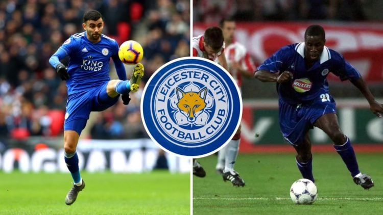 Rachid Ghezzal controls the ball for Leicester City during a Premier League game, an inset of a detailed view of the Leicester City badge, Ade Akin...