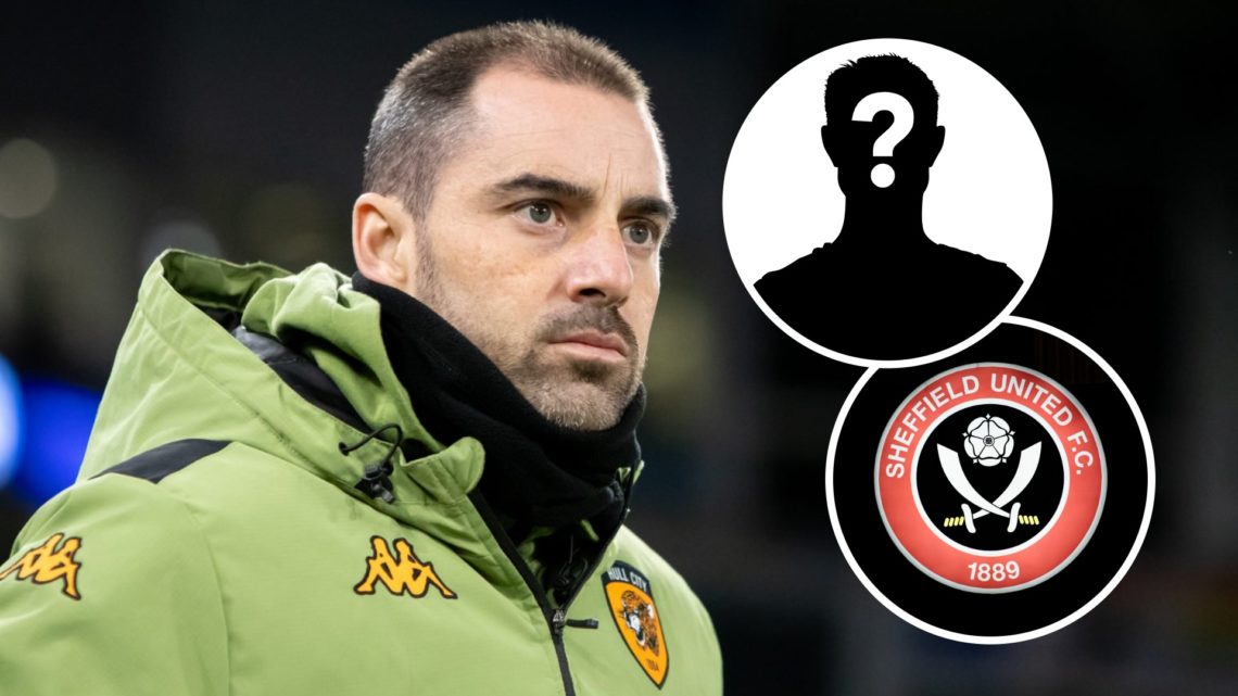 Ruben Selles reacts during time as Hull City FC manager. Overlaid, the Sheffield United FC badge and a mystery player