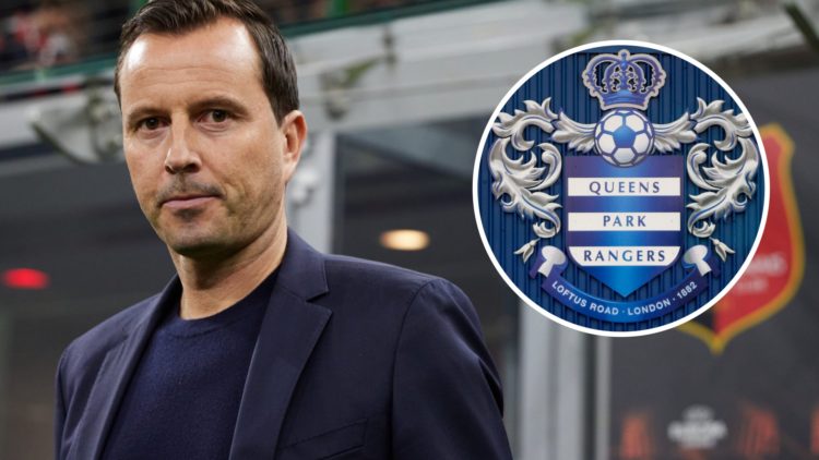 New Queens Park Rangers boss Julien Stephan during time at Rennes in Ligue 1. Overlaid, the Queens Park Rangers crest.