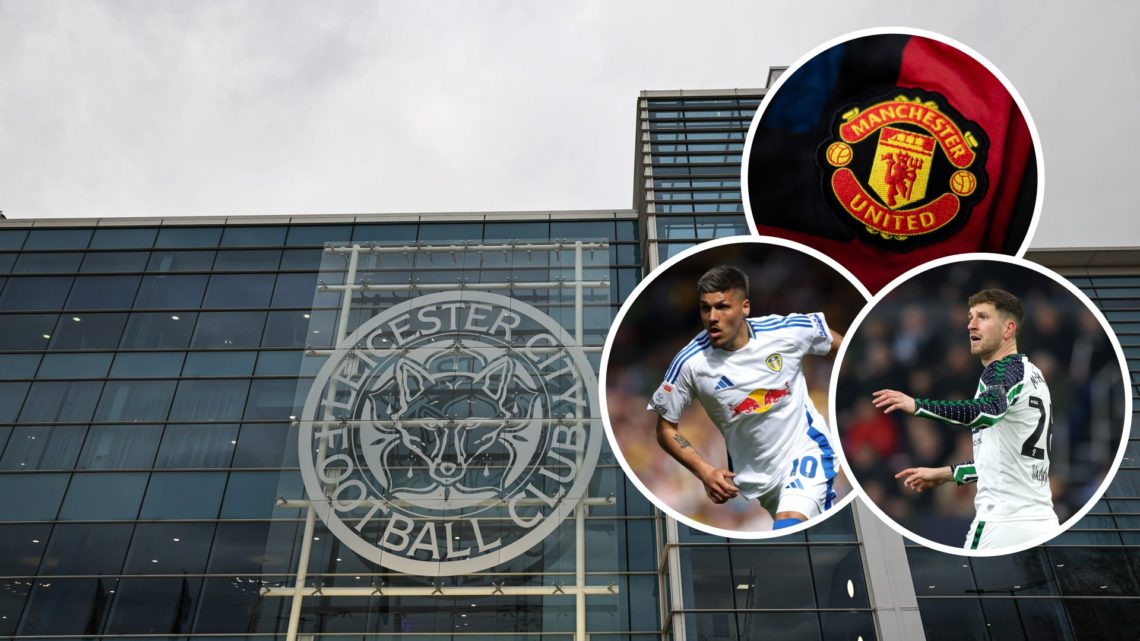 A generic view of the King Power Stadium in Leicester, an inset of the Manchester United badge, an inset of Chris Mepham playing for Sunderland, an...