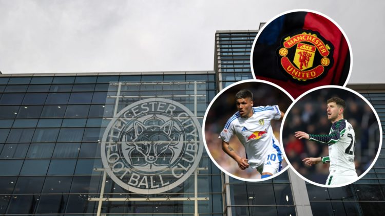 A generic view of the King Power Stadium in Leicester, an inset of the Manchester United badge, an inset of Chris Mepham playing for Sunderland, an...