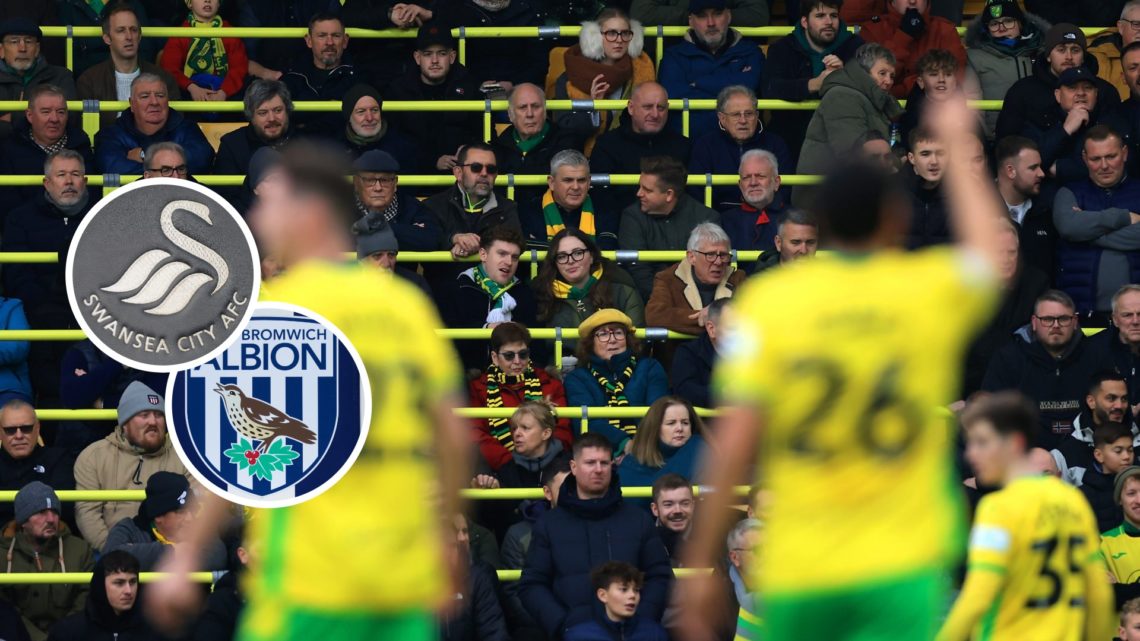 Norwich City players at Carrow Road. Inset, West Brom badge and Swansea City badge.