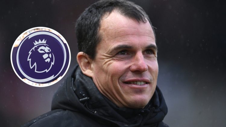 An image of Regis Le Bris with an inset of the Premier League badge