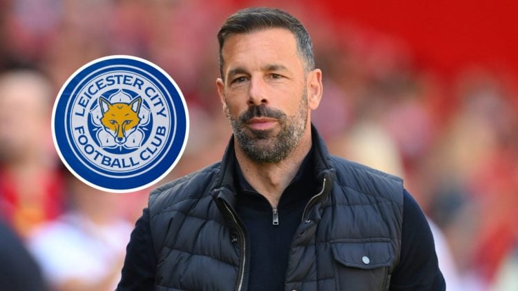 An image of Ruud van Nistelrooy with an inset of the Leicester City badge