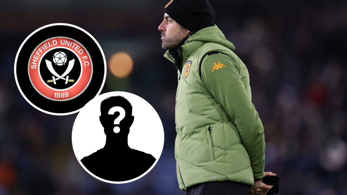 Hull City Manager Ruben Selles looks on during the Sky Bet Championship match between Burnley FC and Hull City AFC. Inset, Sheffield United badge. ...