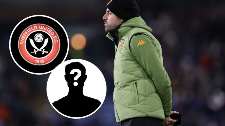 Hull City Manager Ruben Selles looks on during the Sky Bet Championship match between Burnley FC and Hull City AFC. Inset, Sheffield United badge. ...