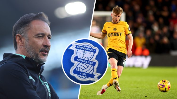 A split image of Vitor Pereira and Tommy Doyle with an inset of the Birmingham City badge