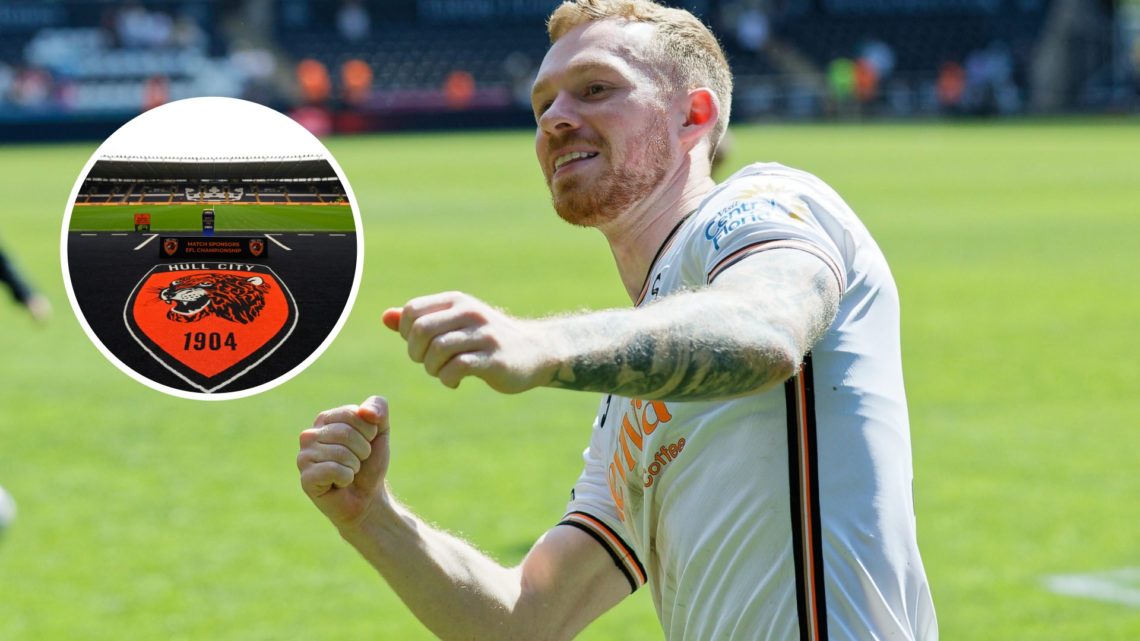 An image of Lewis O'Brien with an inset of the Hull City badge