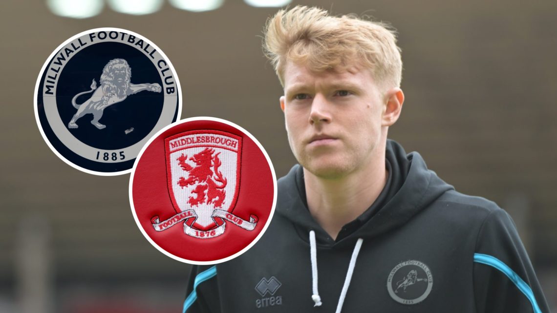 Millwall loanee Josh Coburn before the Championship match against Sunderland. Overlaid, the Millwall FC and Middlesbrough FC badges