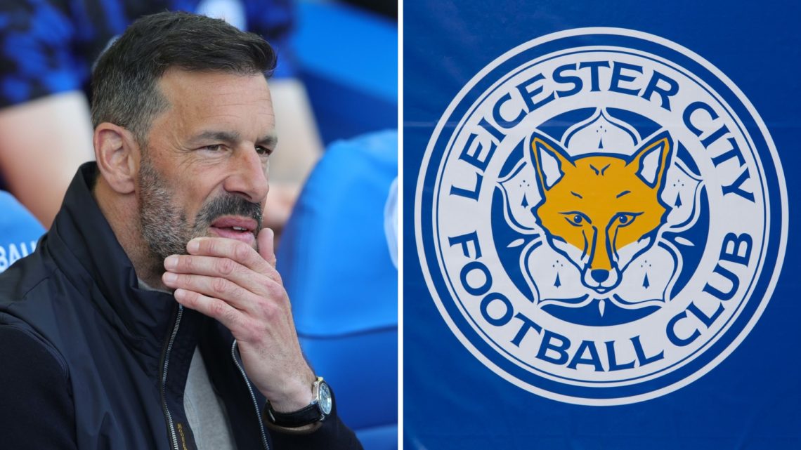 Leicester manager Ruud van Nistelrooy reacts during Premier League match, and Leicester City FC badge
