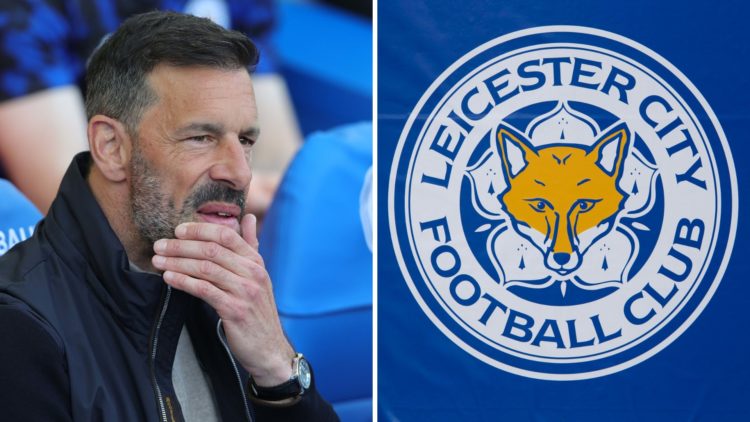 Leicester manager Ruud van Nistelrooy reacts during Premier League match, and Leicester City FC badge