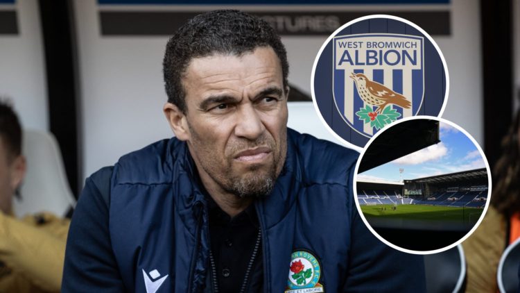Blackburn Rovers head coach Valerien Ismael watches Championship game. Overlaid, the Hawthorns Stadium and the West Bromwich Albion badge