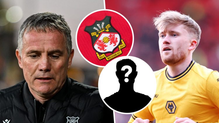 Wrexham FC manager Phil Parkinson, the Wrexham FC badge and a mystery player, and Wolverhampton Wanderers midfielder Thomas Doyle during a Premier ...