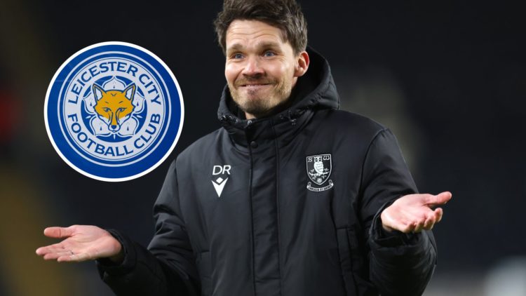 Sheffield Wednesday head coach Danny Rohl reacts after a Championship match. Overlaid, the Leicester City FC badge